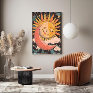 70s Sun and Moon Print: Vintage Celestial Wall Art