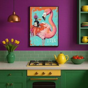 Wandkunst, minimalistisches druckbares Kunstwerk, minimalistisches Flamingo Gemälde, buntes tropisches Strand Dekor