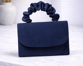 Navy Blue Clutch Bag, Scrunch Handle Purse, Minimalist Evening Handbag