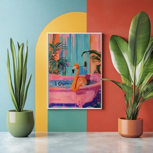 Pink Flamingo in Bathtub Art Print: Quirky Maximalist Bathroom Decor