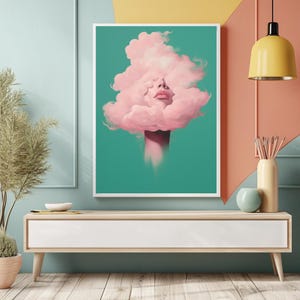 Arte murale in stile Magritte - Stampa di nuvole surrealiste, opera d'arte massimalista, decorazione di cieli sognanti, dipinto ispirato a Magritte, poster d'arte stampabile