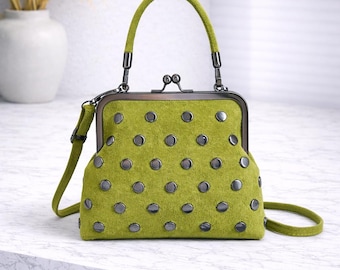 Green Studded Frame Handbag, Retro Kiss Lock Purse, Lime Top Handle Bag