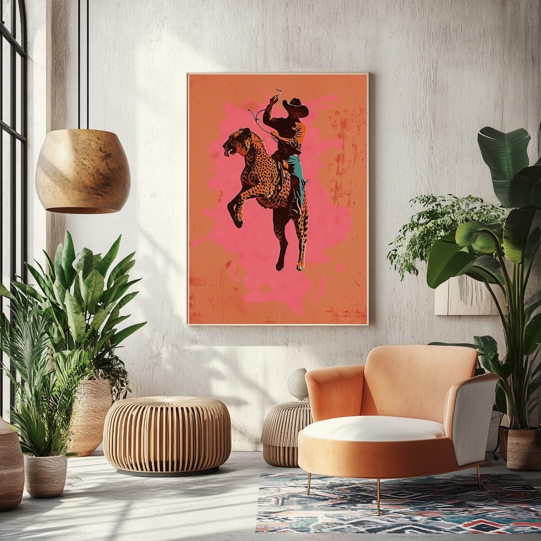Bucking Bronco Cowboy and Tiger Wall Art - Western Maximalist Print ...