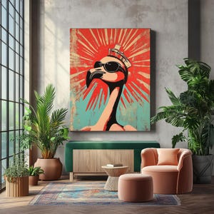 Arte de pared retro con flamencos rosas: estampado vintage de flamencos, decoración maximalista, póster estético de los años 70, estampado de pared ecléctico, obra de arte colorida y llamativa