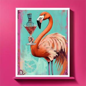 マキシマリストの飲酒フラミンゴ ウォール アート | デジタル ダウンロード | ピンク フラミンゴ バー カート デコレーション | 折衷的なアルコール ポスター | トレンディなマキシマリスト アート