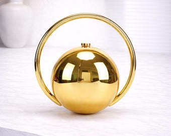 Gold Sphere Clutch with Circular Handle, Sculptural Metallic Evening Bag, Modern Wedding Guest Handbag