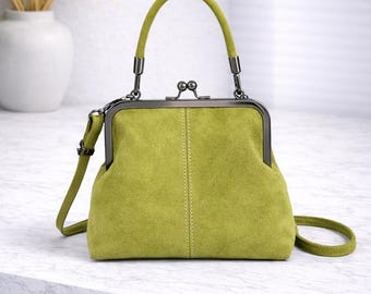 Green Suede Frame Handbag, Vintage Kiss Lock Purse, Olive Top Handle Bag
