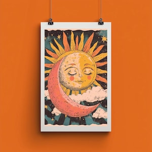 70s Sun and Moon Art Print: Retro Celestial Poster (Digital Download)
