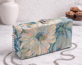 Floral Tapestry Box Clutch, Vintage Inspired Evening Bag, Blue Garden Party Handbag