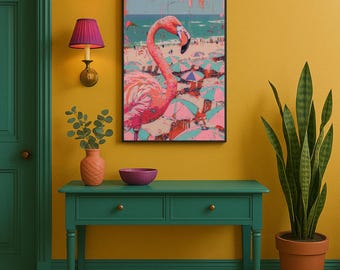 Pink Flamingo Beach Art Print: Maximalist Home Decor (Digital Download)