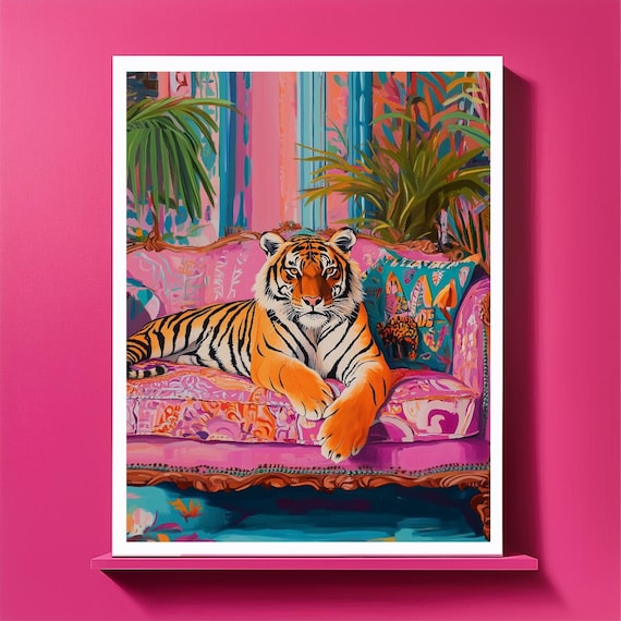 Maximalist Tiger Art Print: Illustrated Tiger on Retro Sofa (Digital Download)