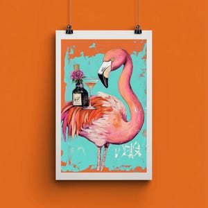 マキシマリストの飲酒フラミンゴ ウォール アート | ピンク フラミンゴ デジタル ダウンロード | 折衷的なアルコール ポスター | トレンディなバー カートの装飾 | マキシマリスト アート