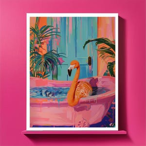 Flamingo in Bathtub Art: Maximalist Bathroom Print (Digital Download)