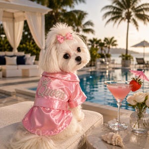 Pink Satin Dog Robe with Rhinestone Queen Design, Luxury Dog Pajamas, Small Dog Bathrobe, Princess Puppy Outfit, Bridal Dog Gift