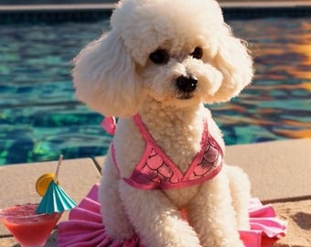 Instagram-Ready Pink Mermaid Bikini for Dogs with Sunglasses | Puppy Summer Beachwear | Small Dog Photo Outfit