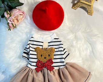 Dog clothes, luxury pet clothes, Bear Print Dresses, Red Beret , Paris Dress for Dogs, Dress for pets, small dog clothes, dog fashion