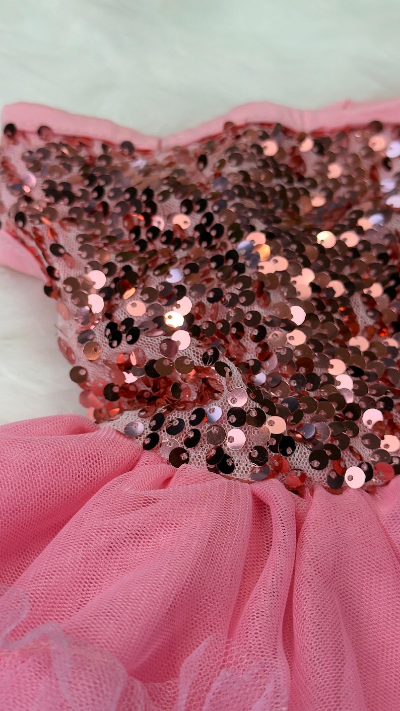 May include: Pink tulle dress with a sequined bodice. The bodice is covered in copper-colored sequins, and the skirt is made of layers of soft pink tulle. A delicate, feminine garment.