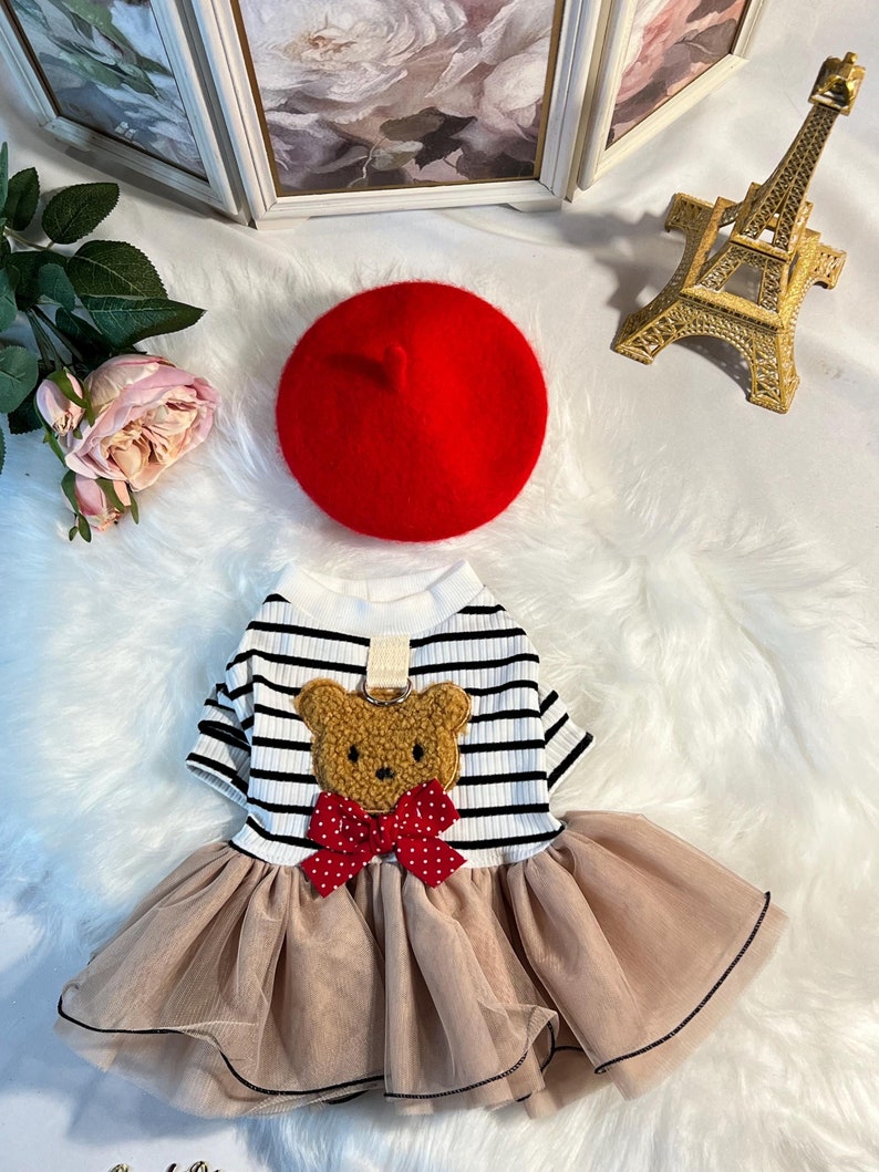Pu&ograve; includere: Un vestito a righe bianche e nere con un'applicazione a forma di orso marrone e un fiocco rosso a pois. Il vestito ha una gonna di tulle ed &egrave; abbinato a un berretto rosso.