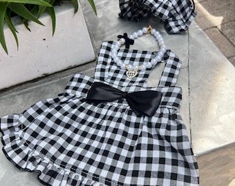 Chic Dog Sun Outfit - Panama Hat & Pearl Chain, dress for pets, small dog outfit, dog costume party, Dog fashion, Dog dress, fancy dog dress