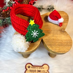May include: A wooden heart-shaped stand with a red knitted scarf, a green glitter Christmas tree ornament, a white pom-pom, and a red Santa hat. The stand has a wooden bone-shaped sign that reads "Home is where YOUR DOG IS."