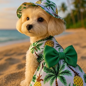 Dog Beachwear Combo: Floral Dress with Panama Hat, Hawaiian Dress and Sun Hat, dress for pets, small dog outfit, aloha Hawaii dress