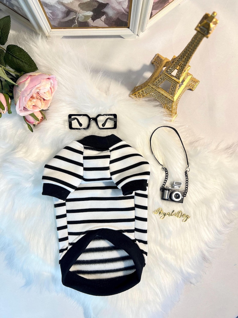 May include: A black and white striped dog shirt with black trim. A pair of black framed glasses, a gold Eiffel Tower, and a small black camera with a gold chain are also pictured. The camera has a gold tag that says "Royal Dog".