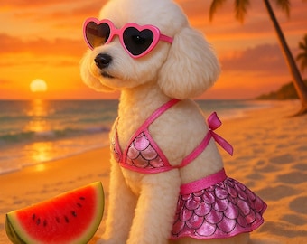 Beach Party Mermaid Dog Bikini Set with Sunglasses | Fun Summer Outfit for Small Dogs | Puppy Beach Fashion Clothes