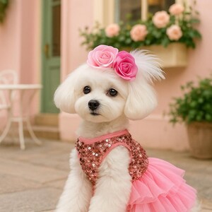 May include: A fluffy white dog wearing a pink sequined dress with a layered tulle skirt and a matching rose headband. The dog is sitting on a stone surface with the text "Royal Dog" in gold script.