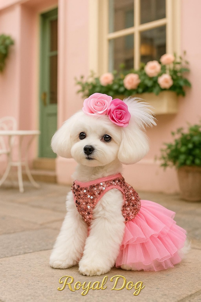 May include: A fluffy white dog wearing a pink sequined dress with a layered tulle skirt and a matching rose headband. The dog is sitting on a stone surface with the text "Royal Dog" in gold script.