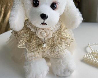 Luxury Handmade Dog Dress with Tulle Skirt & Necklace – Gold Lace Pet Dress for Small Dogs | Royal Dog Couture, Luxury Dog Dress, dog outfit