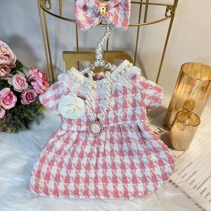 Personalized Pink Tweed Pet Dress with Necklace & Clip - Stylish Dog Outfit, pink Dog dress, Custom dog clothes, wedding birthday dog outfit