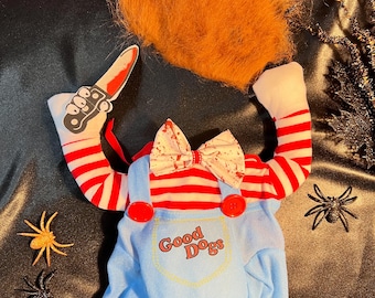 Creepy Chucky Doll Halloween Dog Outfit, dog Halloween dress, dog Halloween costume,  dog costume, Spooky Chucky Doll Dog Costume