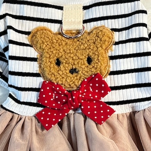 Pu&ograve; includere: Un vestito per cani a righe bianche e nere con un'applicazione di orsacchiotto marrone e un fiocco rosso con pois bianchi. Il vestito ha una gonna di tulle.