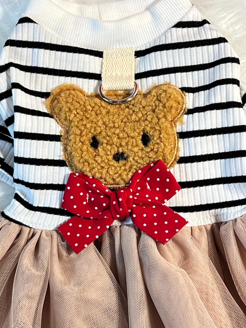 Pu&ograve; includere: Un vestito per cani a righe bianche e nere con un'applicazione di orsacchiotto marrone e un fiocco rosso con pois bianchi. Il vestito ha una gonna di tulle.