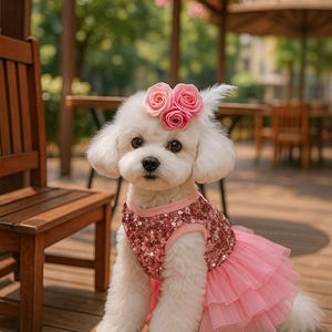 May include: A fluffy white dog wearing a pink sequined top and a layered pink tulle skirt. The dog has a pink rose headpiece and is sitting on a wooden deck. The background includes wooden furniture and greenery.