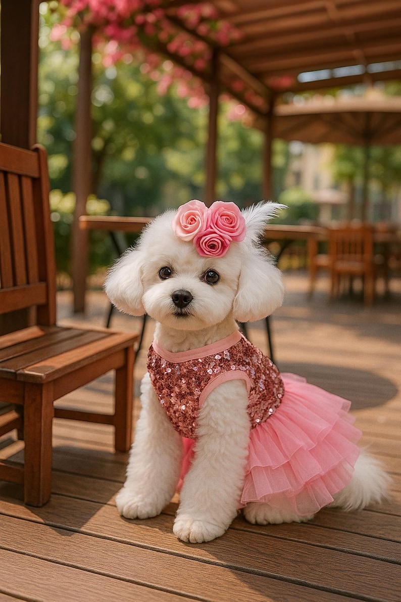 May include: A fluffy white dog wearing a pink sequined top and a layered pink tulle skirt. The dog has a pink rose headpiece and is sitting on a wooden deck. The background includes wooden furniture and greenery.