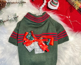 Festive Dog Sweater and Adorable Clip Set, Dress for pets, small dog clothes, dog fashion, Christmas dress for dog, Christmas dog sweater