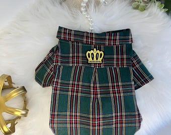 Stylish Green Plaid Dog Shirt - Royal Crown Embellishment, shirt for pets, small dog outfit, Dog fashion, dog Clothes, Green dog shirt