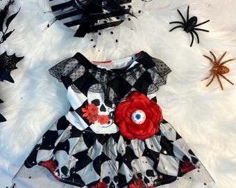 Halloween Dog Dress With Skull And Red Flower With Eye, dog clothes, pet clothing, pet costume party, dog Halloween outfit, dog dress