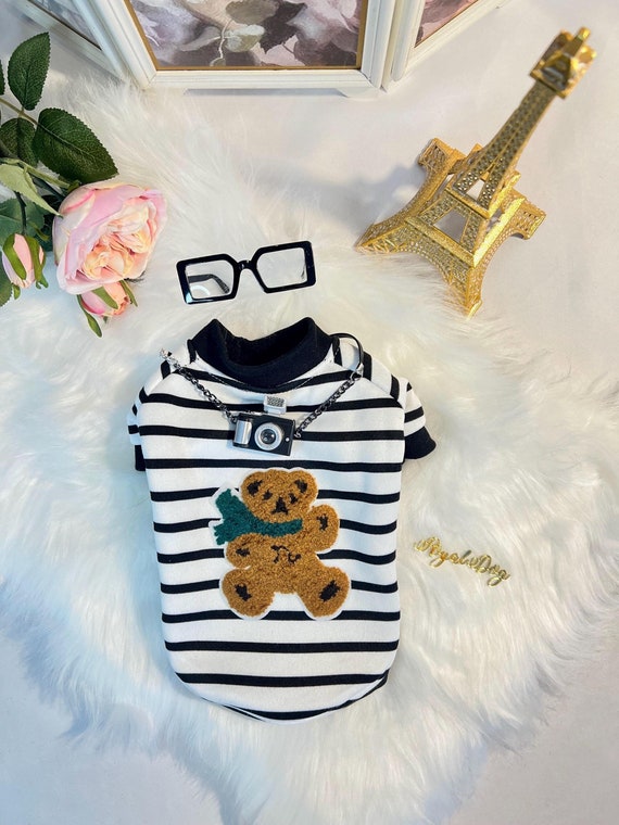 Dog clothes, luxury pet clothes, Bear Print Shirt, Set Paris, Warm shirt with glasses and mini camera, Paris Dress for Dogs, outfit for pets