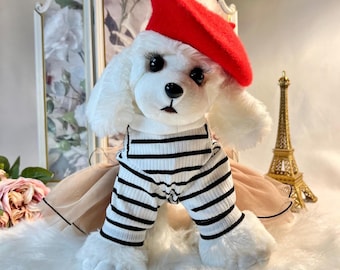 Elegant Parisian Dog Outfit – Luxury Bear Print Dress & Matching Beret for Small Dogs | Yorkie, Chihuahua, Toy Poodle Clothes, dog beret