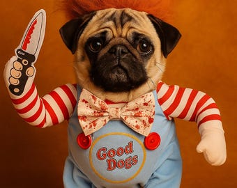 Creepy Chucky Dog Costume for Halloween | Funny Scary Pet Outfit for Small Medium Large Dogs | Spooky Chucky Doll Dog Clothes, Pet Cosplay