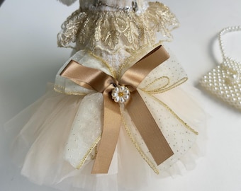 Elegant Dog Dress for Yorkie, Maltese, Poodle – Cream Gold Pet Wedding Outfit with Bow & Pearl Necklace, Luxury Dog Dress, dog outfit