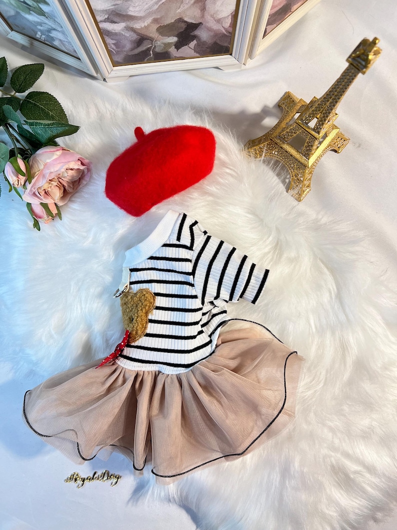 Pu&ograve; includere: Un vestito a righe bianche e nere con una toppa a forma di cuore marrone e una gonna di tulle. L'abito &egrave; abbinato a un berretto rosso. L'abito &egrave; su una superficie bianca e soffice con una decorazione della Torre Eiffel dorata.