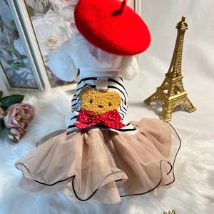 Pu&ograve; includere: Un cane bianco che indossa un vestito a righe con un'applicazione a forma di orso marrone e un fiocco rosso. Il cane indossa anche un berretto rosso e una gonna di tulle. Il cane &egrave; in piedi davanti a una Torre Eiffel dorata.