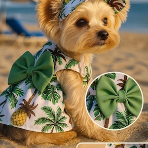 Tropical Dog Dress & Sun Hat Set – Hawaiian Summer Outfit for Small Dogs, Beach Pet Clothes, Luau Dog Costume, Fancy Dog Dress