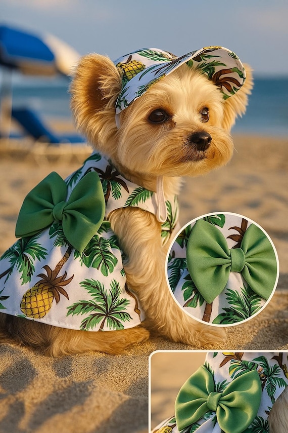 dog summer dress Tropical & Sun Hat Set – Hawaiian Outfit for Small Dogs, Beach Pet Clothes, Luau Dog Costume, Fancy Dog Dress inspired harness dress features a playful ocean wave print in cool blue tones Summer Dog Dress Cute Pet