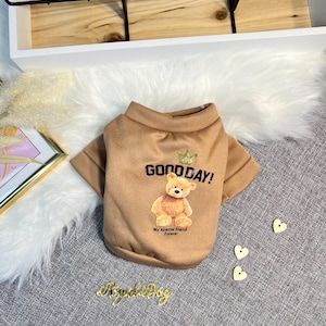 May include: A brown dog sweater with a cartoon bear wearing a crown and the text "GOOD DAY! My special friend Forever".