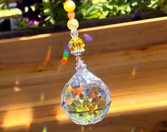 More Colors, Large Crystal AB Aurora Borealis Boho Yellow, Orange Glass Bead Strand Rainbow Suncatcher, Window Crystal, Birthday Gift, Teen