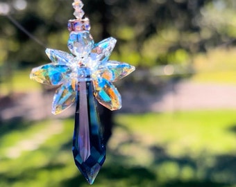 6 1/2 to 12&quot; Guardian Angel Baby Uriel Swarovski Crystal Rainbow Rearview Mirror Suncatcher, Dark Sapphire Blue,September Angel, Birthday